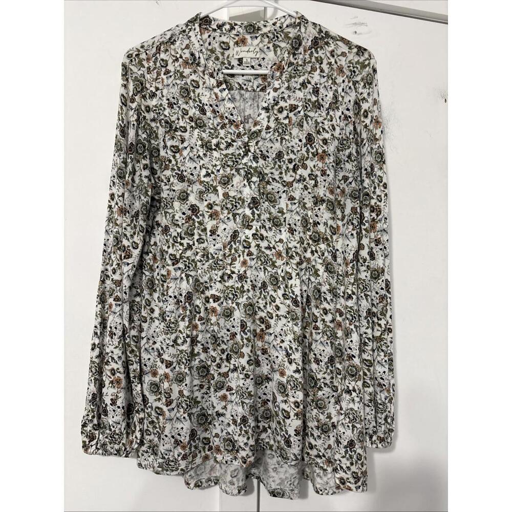 Wonderly Kim Rogers Small Boho Tunic Prairie Cottage Floral Pleats Ballon Sleeve